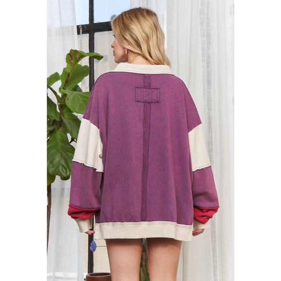 ADORA Out Seam Detail Color Block V-Neck Loose Fit Design Sweatshirt | Purple - Picture 3 of 9